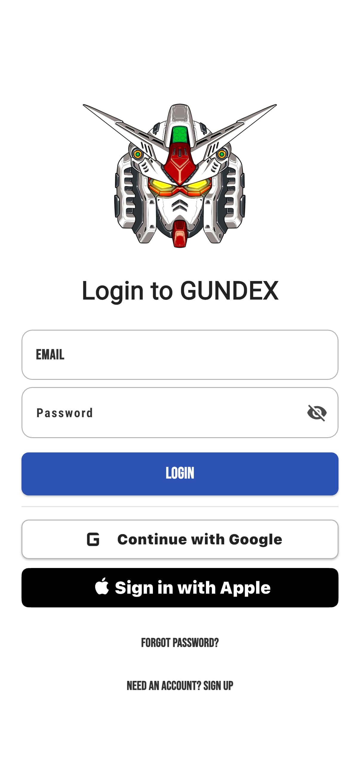 Gundex sign-in screen with email, Google, and Apple sign-in options