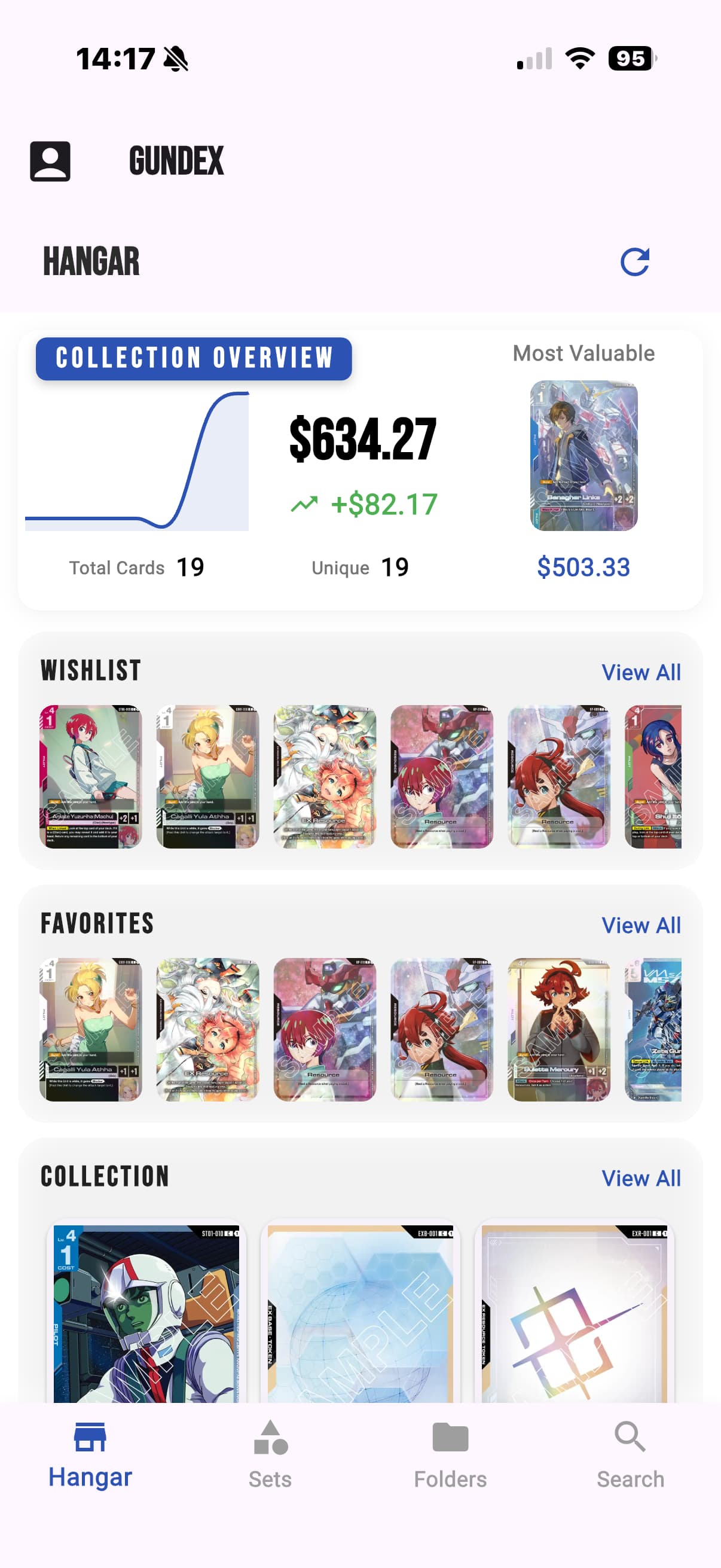 Gundex Hangar showing a collection overview, wishlist, favorites, and collected cards