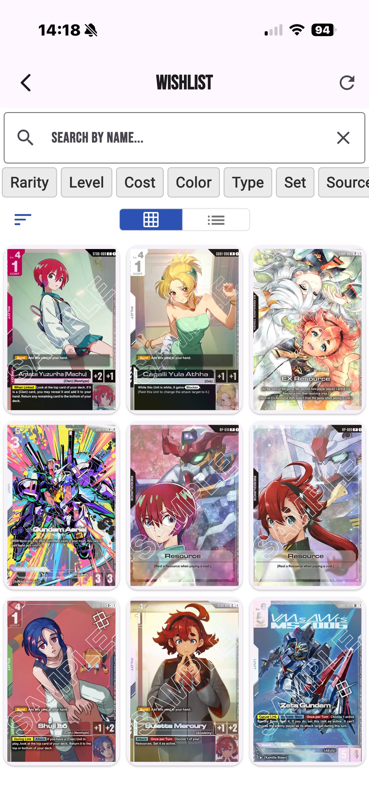 Gundex wishlist showing wanted cards with search and filters